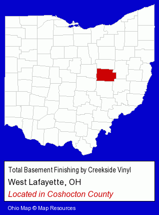 Ohio counties map, showing the general location of Total Basement Finishing by Creekside Vinyl