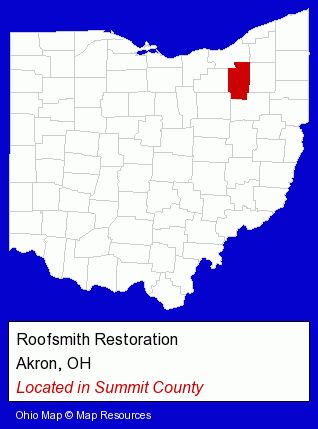 Ohio counties map, showing the general location of Roofsmith Restoration