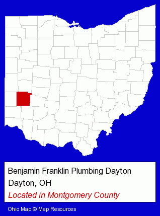 Ohio counties map, showing the general location of Benjamin Franklin Plumbing Dayton