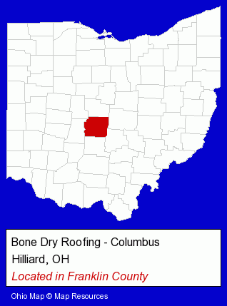 Ohio counties map, showing the general location of Bone Dry Roofing - Columbus