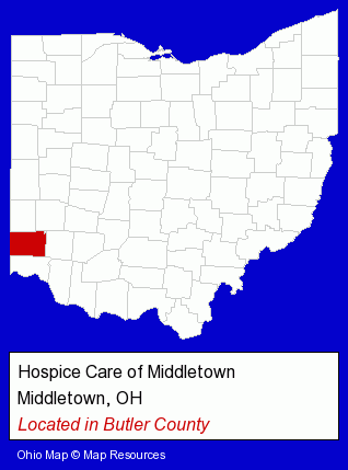 Ohio counties map, showing the general location of Hospice Care of Middletown