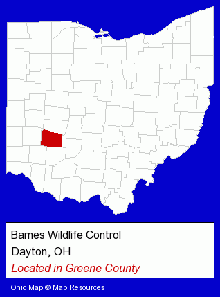 Ohio counties map, showing the general location of Barnes Wildlife Control