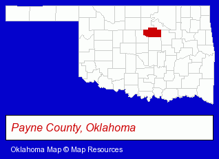 Oklahoma map, showing the general location of Rocky Mountain Chocolate Factory of Stillwater