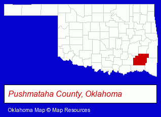 Oklahoma map, showing the general location of Rattan High School