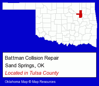Oklahoma counties map, showing the general location of Battman Collision Repair