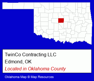 Oklahoma counties map, showing the general location of TwinCo Contracting LLC