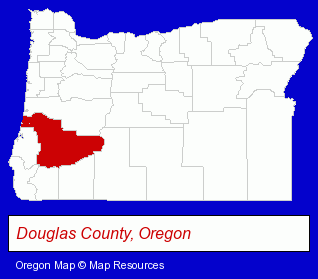 Oregon map, showing the general location of Umpqua Valley Disabilities