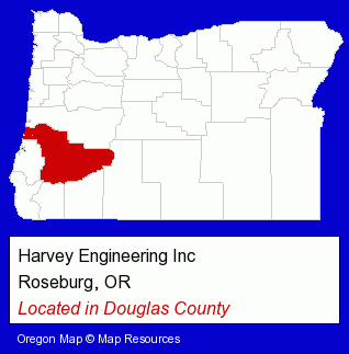 Oregon counties map, showing the general location of Harvey Engineering Inc