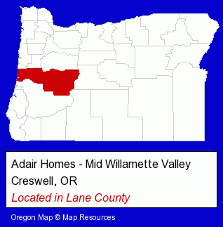 Oregon counties map, showing the general location of Adair Homes - Mid Willamette Valley
