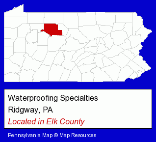 Pennsylvania counties map, showing the general location of Waterproofing Specialties