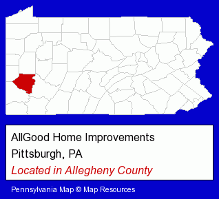 Pennsylvania counties map, showing the general location of AllGood Home Improvements