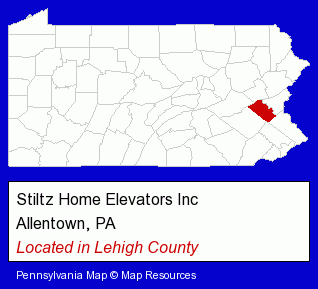 Pennsylvania counties map, showing the general location of Stiltz Home Elevators Inc