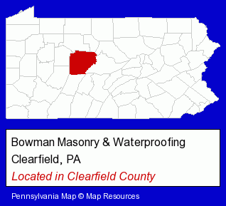 Pennsylvania counties map, showing the general location of Bowman Masonry & Waterproofing