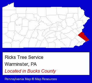 Pennsylvania counties map, showing the general location of Ricks Tree Service