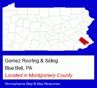 Pennsylvania counties map, showing the general location of Gomez Roofing & Siding