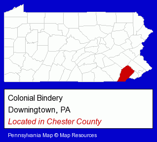 Pennsylvania counties map, showing the general location of Colonial Bindery