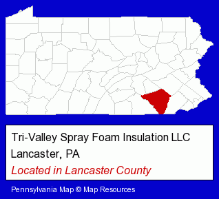 Pennsylvania counties map, showing the general location of Tri-Valley Spray Foam Insulation LLC