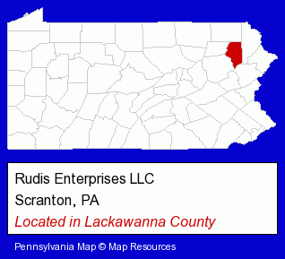 Pennsylvania counties map, showing the general location of Rudis Enterprises LLC
