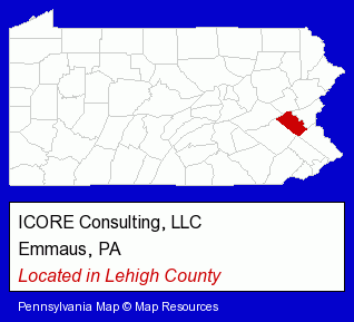 Pennsylvania counties map, showing the general location of ICORE Consulting, LLC