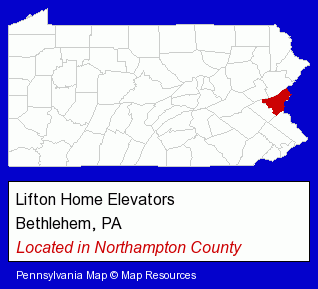 Pennsylvania counties map, showing the general location of Lifton Home Elevators