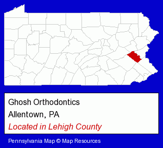 Pennsylvania counties map, showing the general location of Ghosh Orthodontics