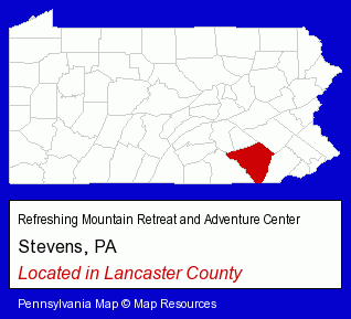 Pennsylvania counties map, showing the general location of Refreshing Mountain Retreat and Adventure Center