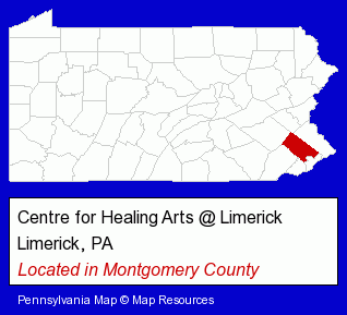 Pennsylvania counties map, showing the general location of Centre for Healing Arts @ Limerick
