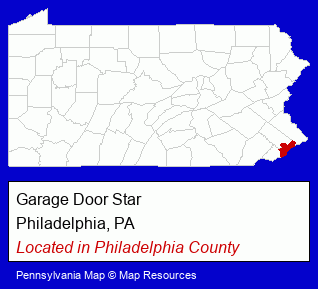 Pennsylvania counties map, showing the general location of Garage Door Star