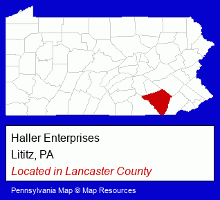 Pennsylvania counties map, showing the general location of Haller Enterprises