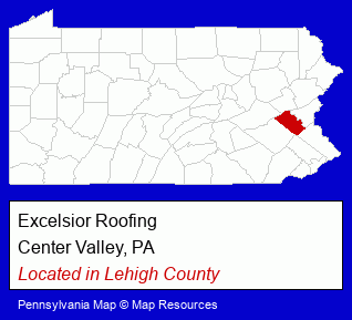 Pennsylvania counties map, showing the general location of Excelsior Roofing