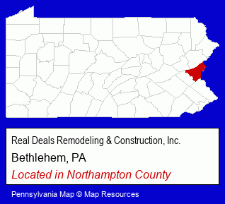 Pennsylvania counties map, showing the general location of Real Deals Remodeling & Construction, Inc.