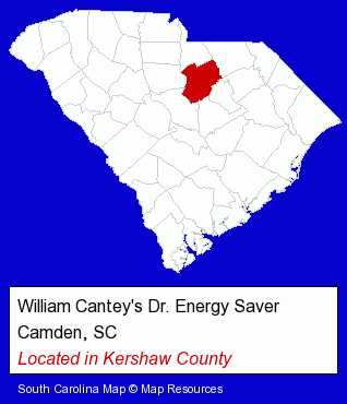 South Carolina counties map, showing the general location of William Cantey's Dr. Energy Saver