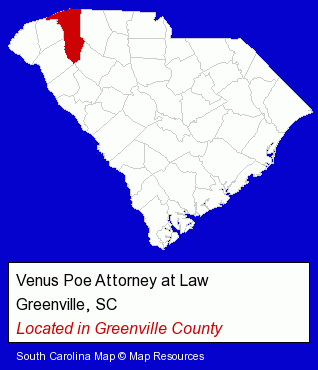 South Carolina counties map, showing the general location of Venus Poe Attorney at Law
