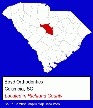 South Carolina counties map, showing the general location of Boyd Orthodontics