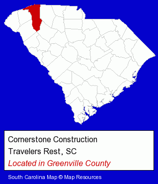 South Carolina counties map, showing the general location of Cornerstone Construction