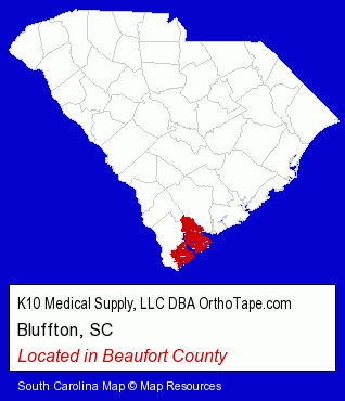 South Carolina counties map, showing the general location of K10 Medical Supply, LLC DBA OrthoTape.com