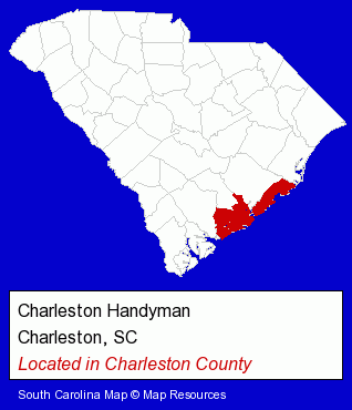 South Carolina counties map, showing the general location of Charleston Handyman