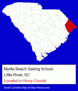 South Carolina counties map, showing the general location of Myrtle Beach Sailing School