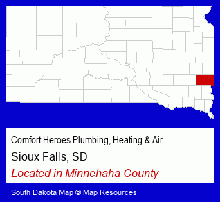 South Dakota counties map, showing the general location of Comfort Heroes Plumbing, Heating & Air