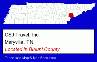 Tennessee counties map, showing the general location of CSJ Travel, Inc.