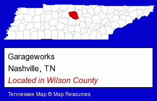 Tennessee counties map, showing the general location of Garageworks