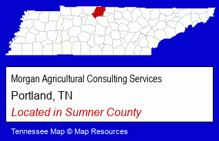 Tennessee counties map, showing the general location of Morgan Agricultural Consulting Services