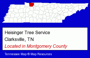Tennessee counties map, showing the general location of Heisinger Tree Service