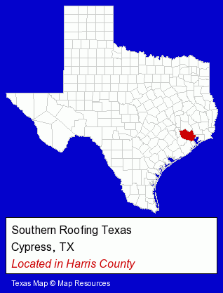 Texas counties map, showing the general location of Southern Roofing Texas