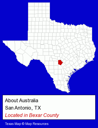 Texas counties map, showing the general location of About Australia