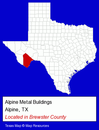Texas counties map, showing the general location of Alpine Metal Buildings