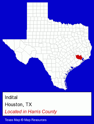 Texas counties map, showing the general location of Indital