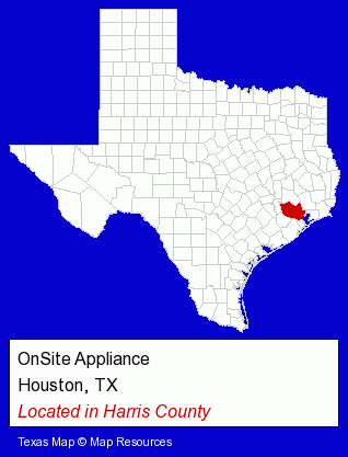 Texas counties map, showing the general location of OnSite Appliance