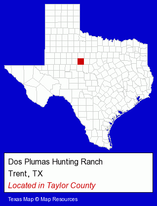 Texas counties map, showing the general location of Dos Plumas Hunting Ranch