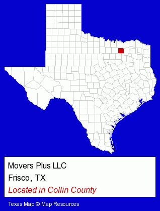 Texas counties map, showing the general location of Movers Plus LLC
